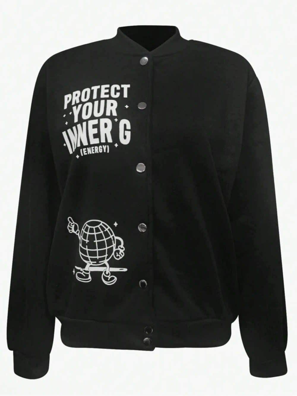 Black Graphic Button-Up Bomber Jacket - Protect Your Inner G